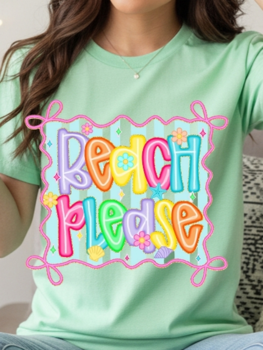 Gildan Mint Green Women’s Tee with Colorful 'Beach Please' Graphic